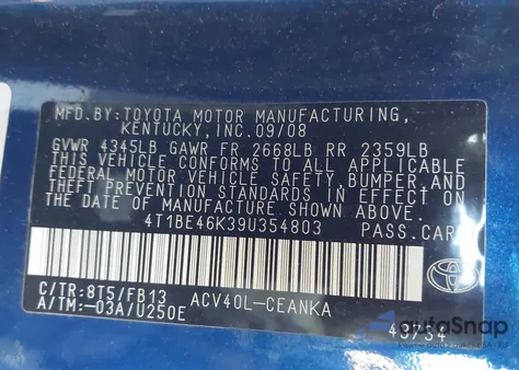 2009 Toyota Camry Le z USA, uszkodzony, nr VIN 4T1BE46K39U354803